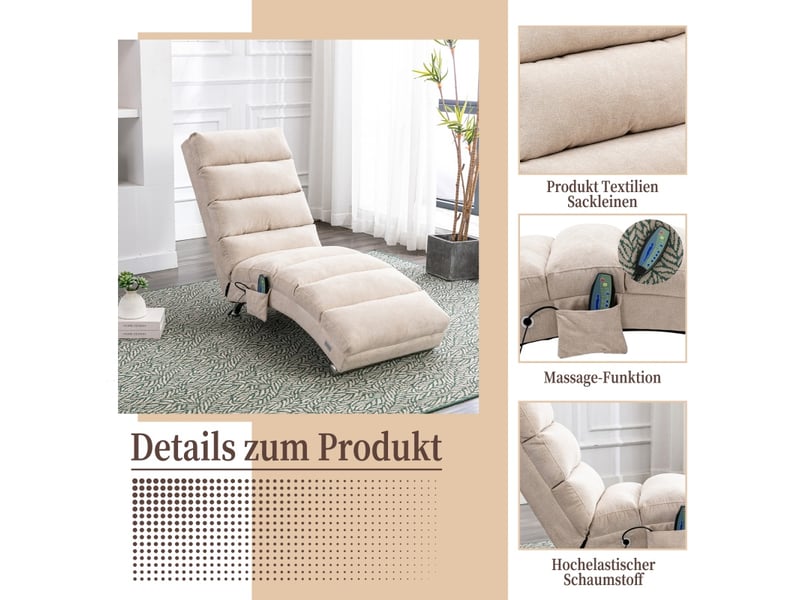  Canapé 1 place, chaise longue fixe avec vibrations douces et poches de rangement latérales, beige  - Conforama E