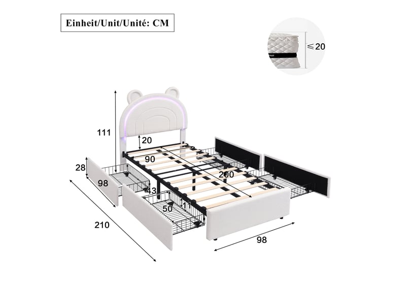  Lit enfant 90x200 cm 4 tiroirs, éclairage led contrôlé par application en velours beige  - Conforama E