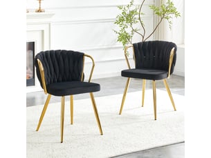Chaise velours noir et doré, dossier tressé, pieds dorés - ergonomique pour salle à manger, cuisine, salon