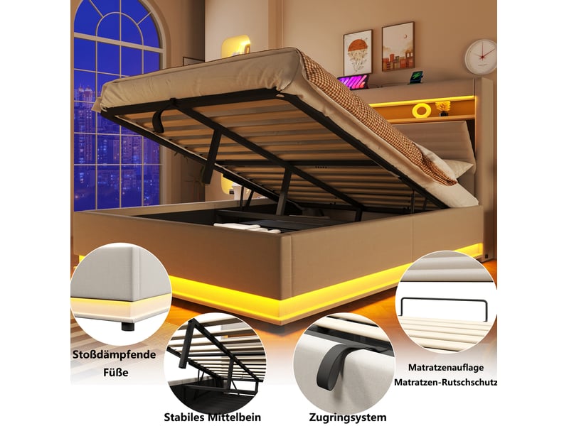  Lit coffre 2 places 140x200 cm avec rangment et led coloris beige  - Conforama E