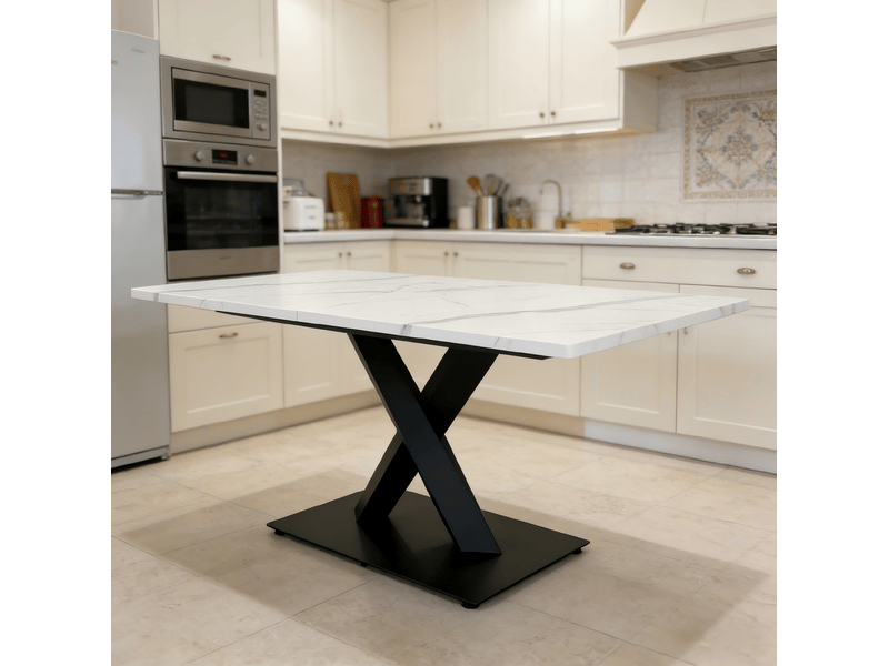  Table à manger 6 places style ferme en mdf et métal blanc et noir  - Conforama D