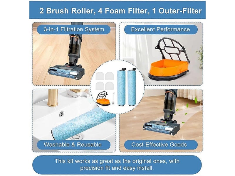 Aw261 replacement roller filter kit for hydrovac messmaster wet dry vacuums, 3 brush rollers, filters & tool - Conforama D