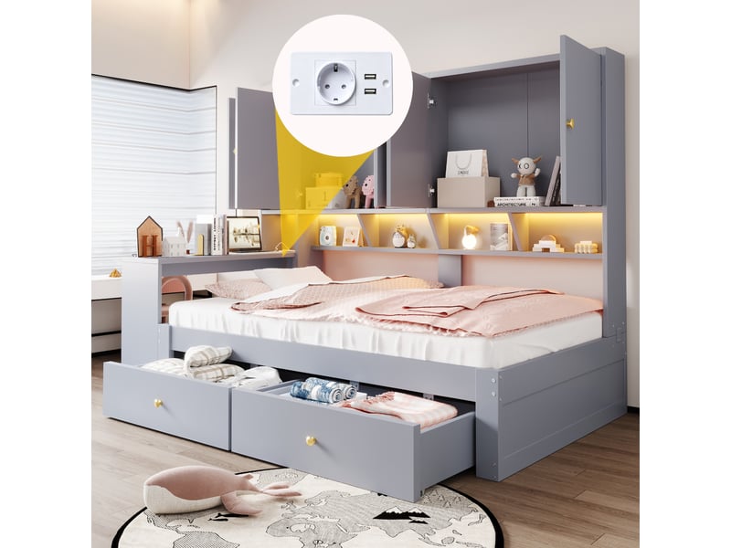 Lit multifonction 90x200 cm avec bureau intégré, rangements, led et prises, gris, sans matelas - Conforama E