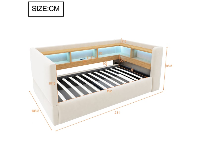  Canapé-lit modenvie 90 x 190 cm coffre hydraulique led prises rangements beige  - Conforama C