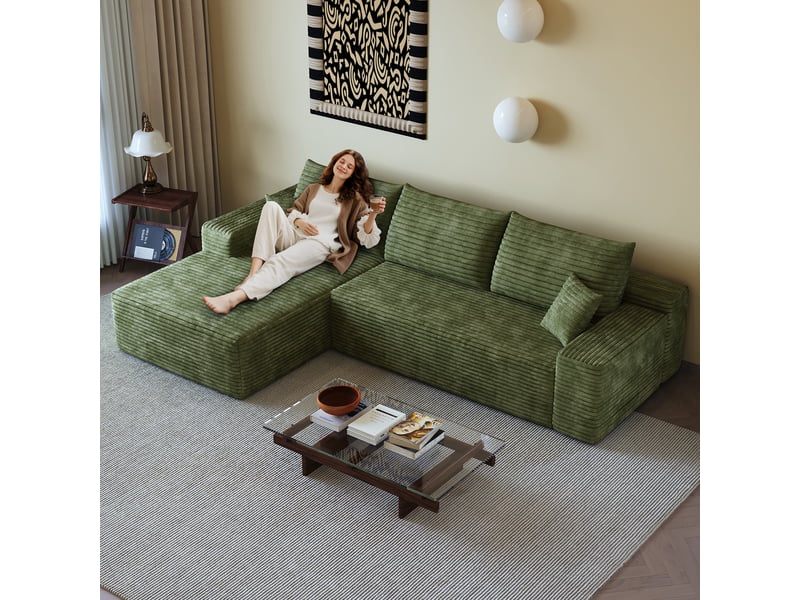  Canapé d'angle modulable vert 3 places avec méridienne en l - 270 cm velours côtelé sans montage  - Conforama E