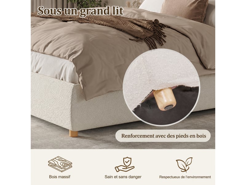  Lit coffre 180 x 200 cm en tissu bouclé blanc avec tête de lit et rangement hydraulique, sans matelas  - Conforama E