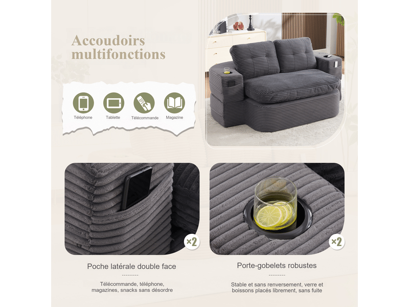  Fauteuil relax convertible en velours côtelé gris foncé, 2-en-1 avec porte-gobelets, dossier haut et assise profonde  - Conforama D