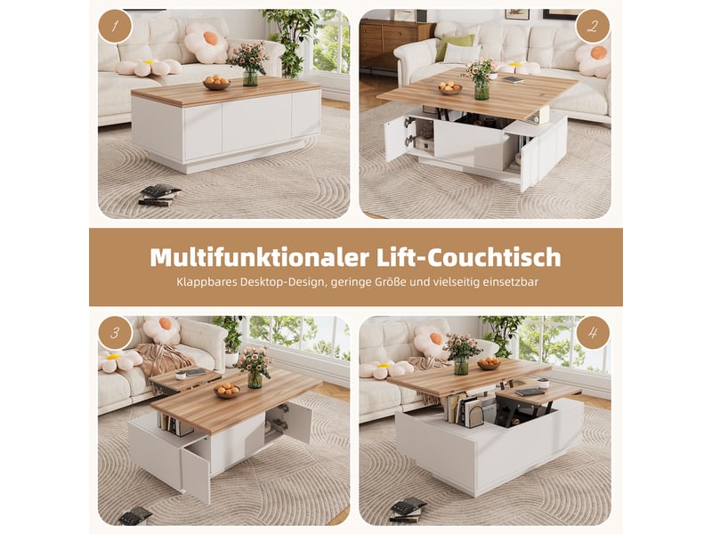  Table basse relevable à double plateau avec rangement caché et 2 portes pour salon en panneau de particules blanc 100×50×55,5 cm  - Conforama E