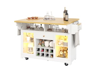 Îlot de cuisine 120 x 4080 x 95 cm, led rgb, plateau rabattable, buffet roulant, 2 portes 1 tiroir, casier à vin, blanc