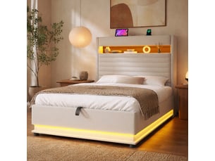 Lit coffre 90 x 200 cm en lin beige avec led, ports usb et type-c