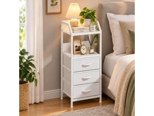 Table de chevet 40x30x75 cm trois tiroirs tissu etagere ouverte blanc pur moderne