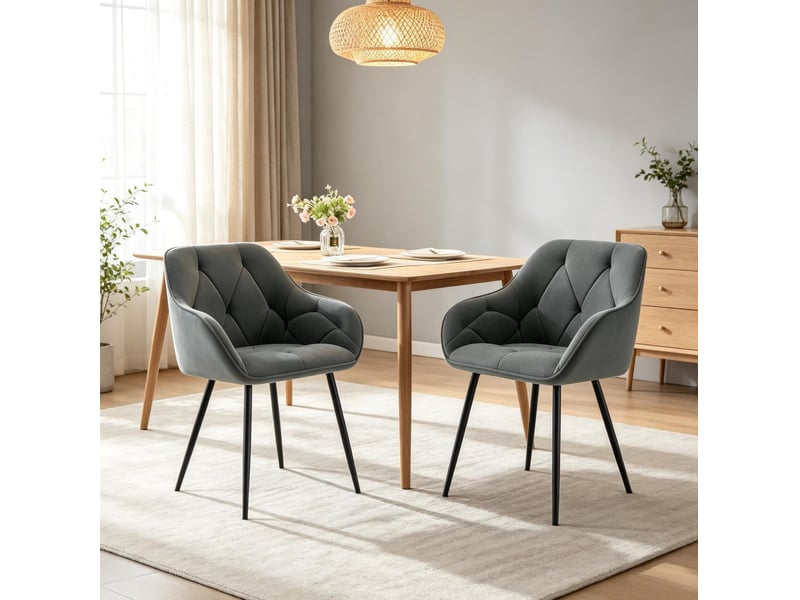  Chaise de salle à manger lot de 2 avec accoudoirs et dossier ergonomique, en velours et métal gris foncé  - Conforama E
