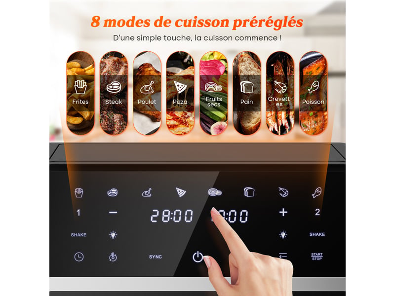  Friteuse à air chaud à 2 compartiments, 2 tiroirs, airfryer 11l avec fenêtre de visualisation, écran tactile, 8 programmes préréglés, réglage de température indépendant, paniers métalliques antiadhésifs, 5.5l+5.5l, cuisson saine…  - Conforama R