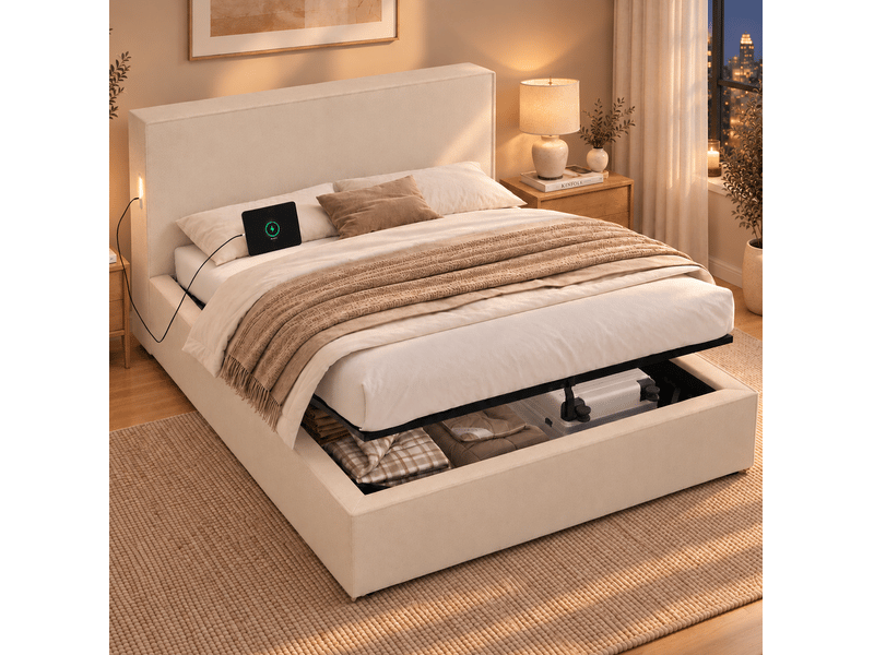 Lit coffre enfant 120x200 cm, lit rembourré avec sommier en chenille beige, sans matelas - Conforama W