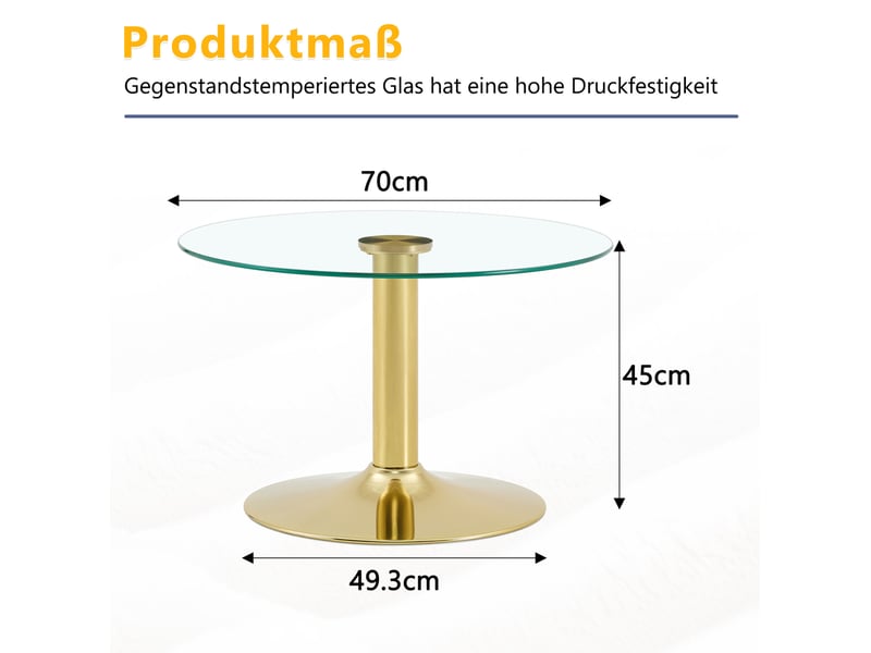  Table basse ronde avec plateau en verre de sécurité trempé et pied central en métal pour salon doré 70 × 70 × 45 cm  - Conforama C