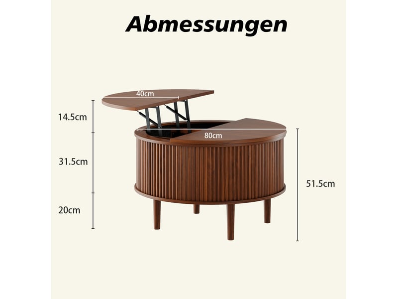  Table basse ronde relevable 80 cm marron avec rangement dissimulé et plateau pliant à soutien hydraulique rétro  - Conforama C