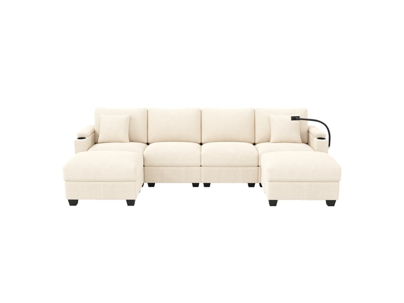  Canapé en u convertible 6 places en velours côtelé beige, support téléphone 360°, usb, 275,5×139×87 cm  - Conforama A