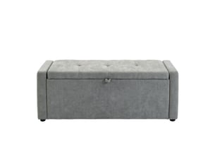 Banc de rangement gris clair 122 cm avec coffre, bout de lit aspect lin