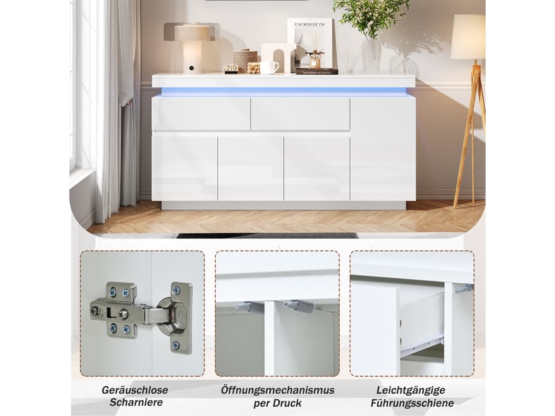  Buffet blanc haut gloss 140x35x72,5 cm avec 2 tiroirs et 4 portes, meuble rangement salon led  - Conforama D
