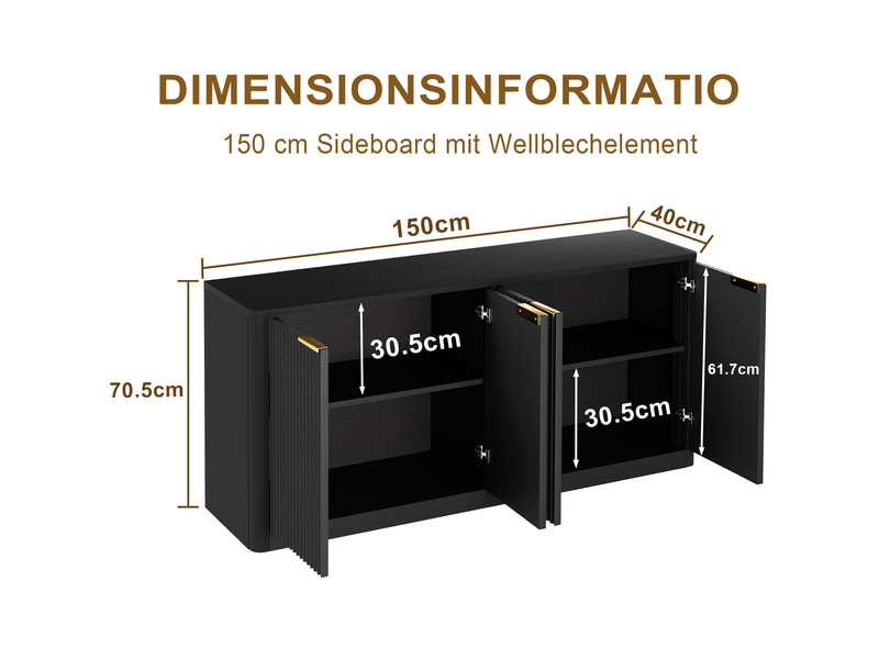  Buffet de rangement 150 cm, 4 portes à panneaux ondulés en mdf noir  - Conforama E