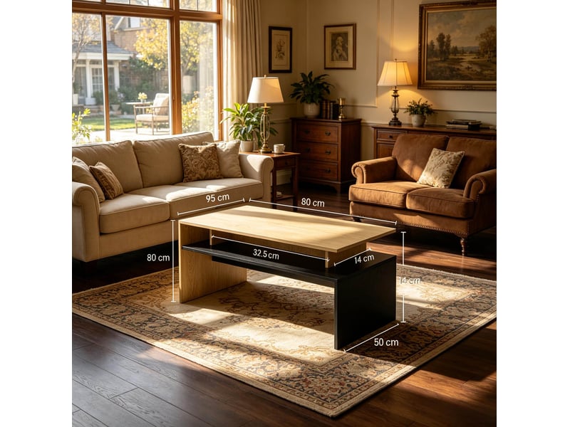  Table basse avec niche ouverte et niveaux décalés, finition bicolore noire et bois naturel, en mdf, 95 × 55 × 50 cm  - Conforama E