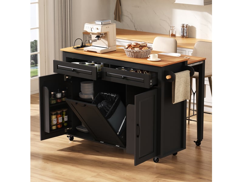  Îlot de cuisine sur roulettes 120 x 40–75 x 92 cm, plan extensible 40-75 cm, station de charge intégrée, mdf, noir  - Conforama B