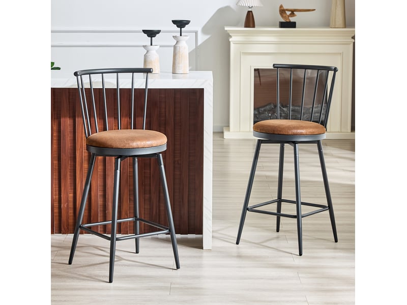  Tabouret de bar lot de 2 style windsor avec assise rembourrée et repose-pieds, en tissu et métal marron 39 × 39 × 96 cm  - Conforama D