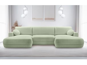 Canapé d'angle panoramique convertible <strong>AX LIVING </strong> <strong>Peoni</strong> 5 places Velours vert avec coffre de rangement