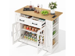 Îlot de cuisine roulant 120cm avec table pliante, prises acusb, portes en verre et étagères, desserte sur roulettes pour salle à manger