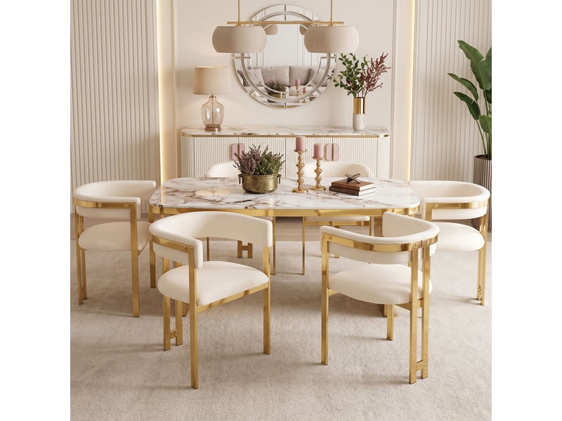  2 chaises de salle à manger confortables et respirantes, idéales pour restaurants, salons, cafés et autres endroits, style moderne, pieds en métal galvanisé doré, tissu en chenille, beige + or  - Conforama D