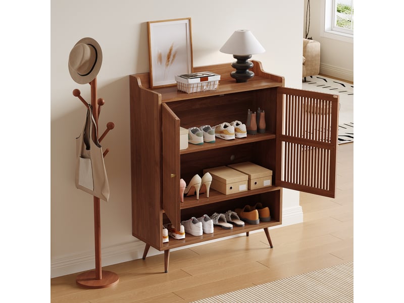  Meuble à chaussures 80x35x105 cm, portes rainurées, niche ouverte et pieds métal, rangement pratique pour entrée et couloir - noyer  - Conforama D