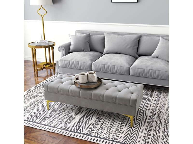  Banc de lit en velours 118x45x42 cm gris clair, assise capitonnée et pieds métalliques dorés pour chambre et entrée  - Conforama B