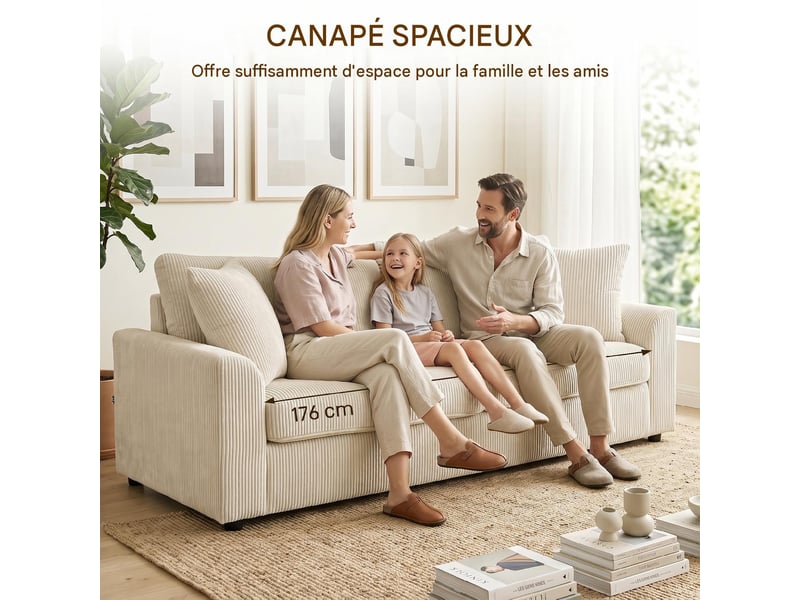  Canapé 3 places en velours côtelé blanc crème 212 x 80 x 88 cm  - Conforama D