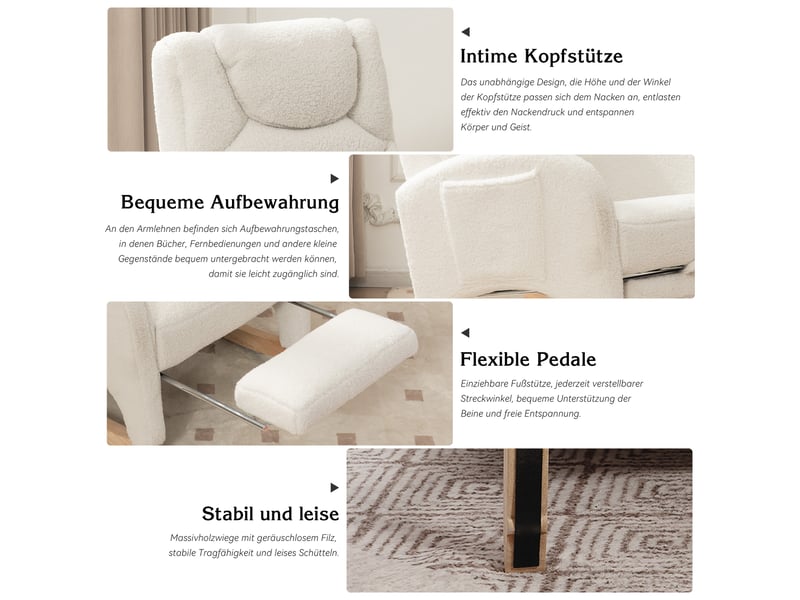  Fauteuil à bascule rembourré en tissu teddy, accoudoirs, blanc, 110 kg  - Conforama E