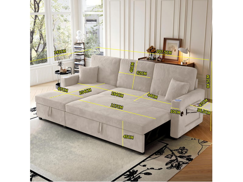  Canapé d’angle convertible 3 places en velours côtelé beige, méridienne gauche, rangement et ports usb type-c  - Conforama C