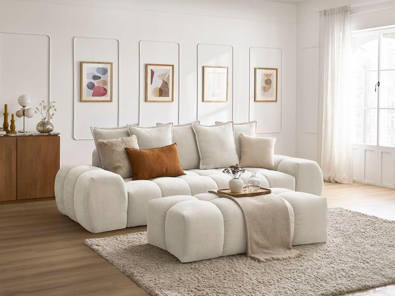  Bobochic canapé droit fixe 3 places everest tissu texturé avec pouf beige EVEREST - Conforama B