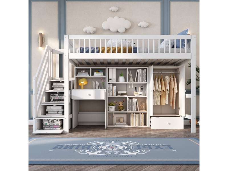  Lit mezzanine avec bureau 90x200 cm lit enfant bois massif avec armoire et escalier blanc  - Conforama B