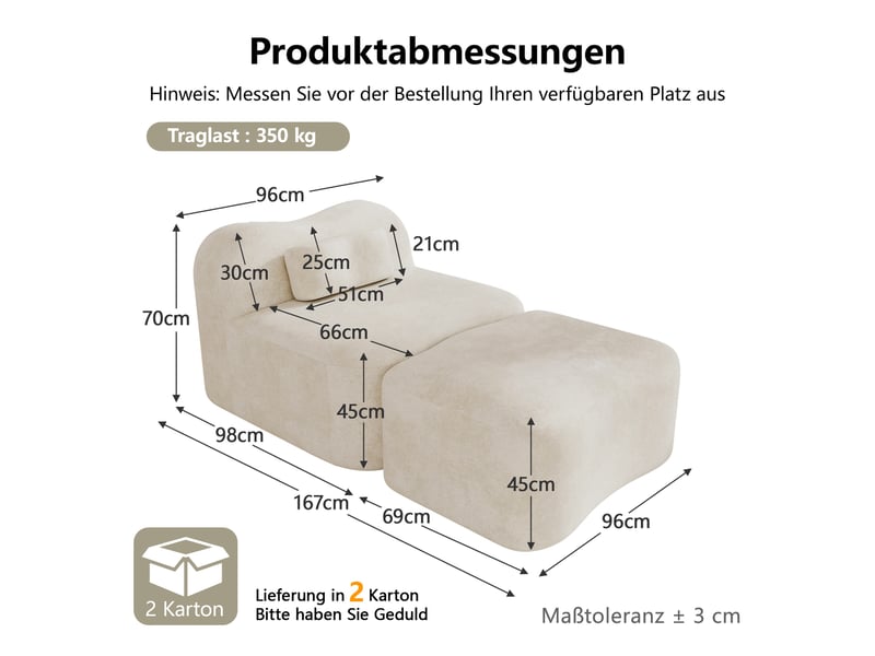  Fauteuil avec pouf - 96x167x70 cm - chauffeuse méridienne modulable velours, mousse 32d sans structure rigide 350kg - beige  - Conforama E