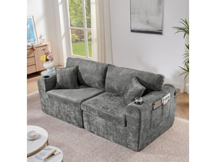 Canapé relax 2 places en chenille gris, avec poche magazine, porte-gobelet et coussin, pour petit espace salon ou bureau