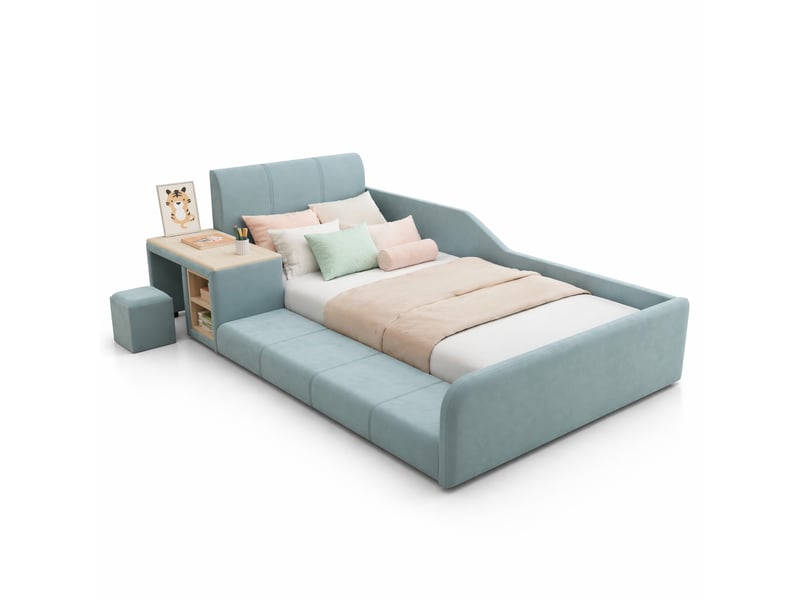  Lit enfant 90x200 cm en velours bleu avec bureau, tabouret et rangement  - Conforama A