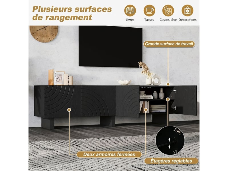  Meuble tv noir 180 cm pour tv jusqu'à 75 pouces, avec 4 portes texturées, design moderne  - Conforama E