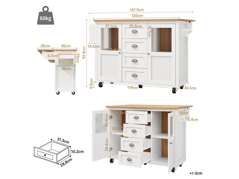  Îlot de cuisine mobile 120 cm – tiroirs, portes, roulettes, rangements multiples – meuble cuisine  - Conforama C