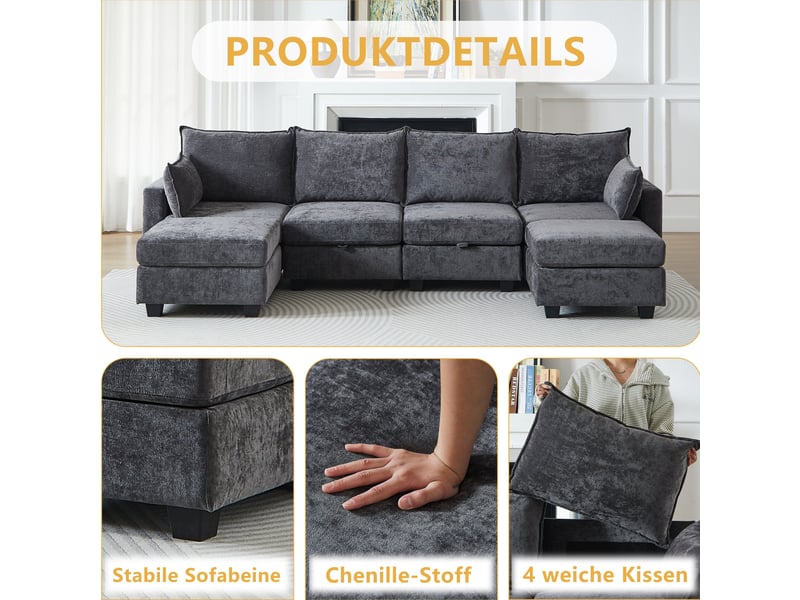  Canapé modulable 6 places en u avec rangement intégré, canapé d'angle convertible lit pour invités, revêtement chenille gris  - Conforama D