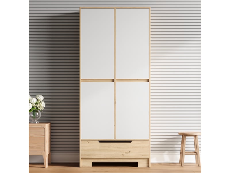  Armoire haute de cuisine 80x35x180 cm avec 1 grand tiroir, rangements de porte, étagères réglables, grand rangement, mdf blanc et bois naturel  - Conforama C