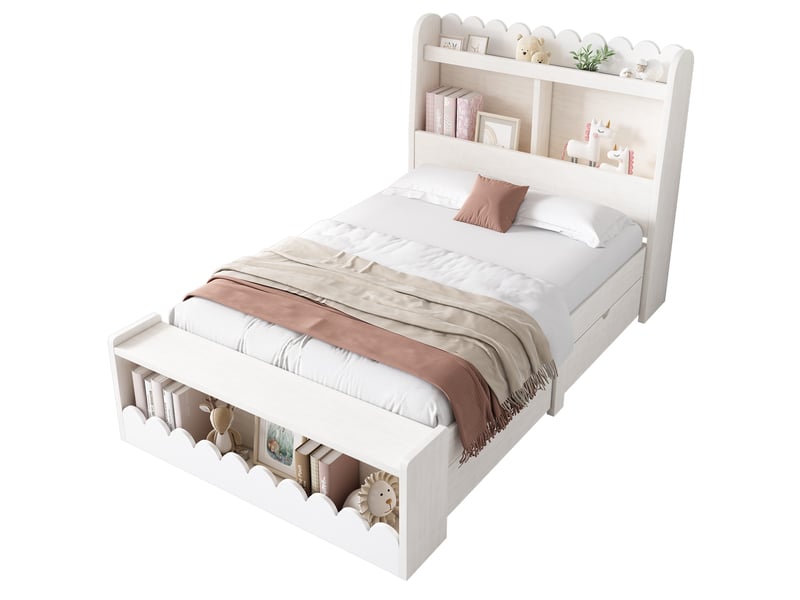  Lit enfant 90x200 cm – lit simple avec rangement et banc – sans matelas – mdf – blanc chêne votan  - Conforama A