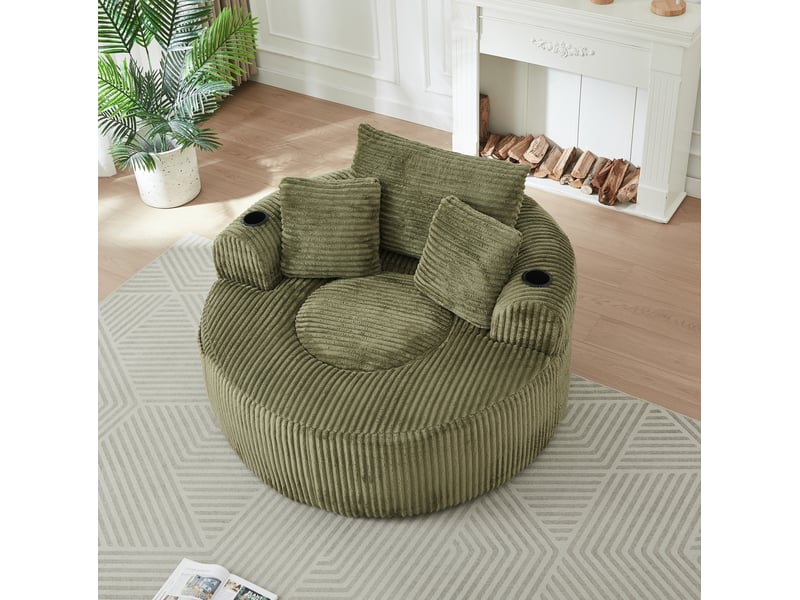 Fauteuil pouf rond 1 place avec 3 coussins amovibles, 2 porte-gobelets et poches latérales en velours côtelé vert - Conforama D