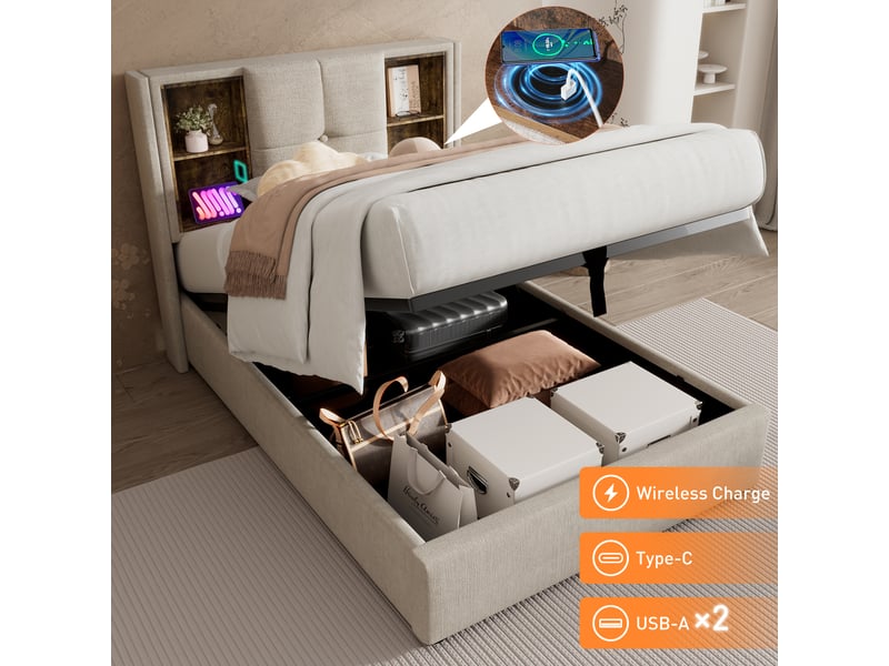  Lit enfant 90x200 cm avec recharge usb-c, lit simple avec sommier à lattes en bois, couleur naturelle, lit avec matelas  - Conforama C