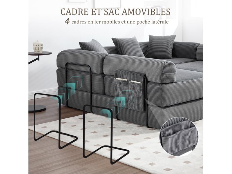  Canapé d'angle 4 places moderne 270x180x64 cm, modulable à volonté, poches, rangement, velours côtelé gris foncé  - Conforama R