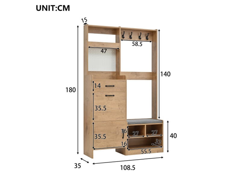  Porte-manteau mural avec banc à chaussures – 4 crochets, 1 tiroir, 2 portes – naturel – 108,5 x 35 x 180 cm  - Conforama C