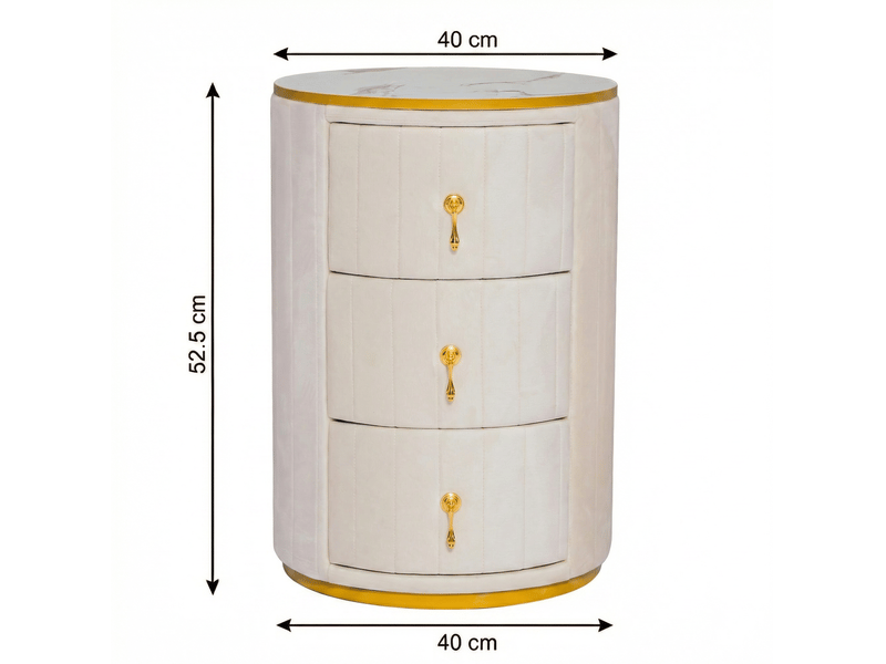  Table de chevet ronde 40x40x52,5 cm avec 3 tiroirs, velours blanc, plateau effet marbre et détails métal doré  - Conforama C